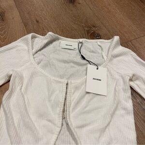 Joah Brown White Off-Shoulder Ribbed Long-Sleeve Crop Top